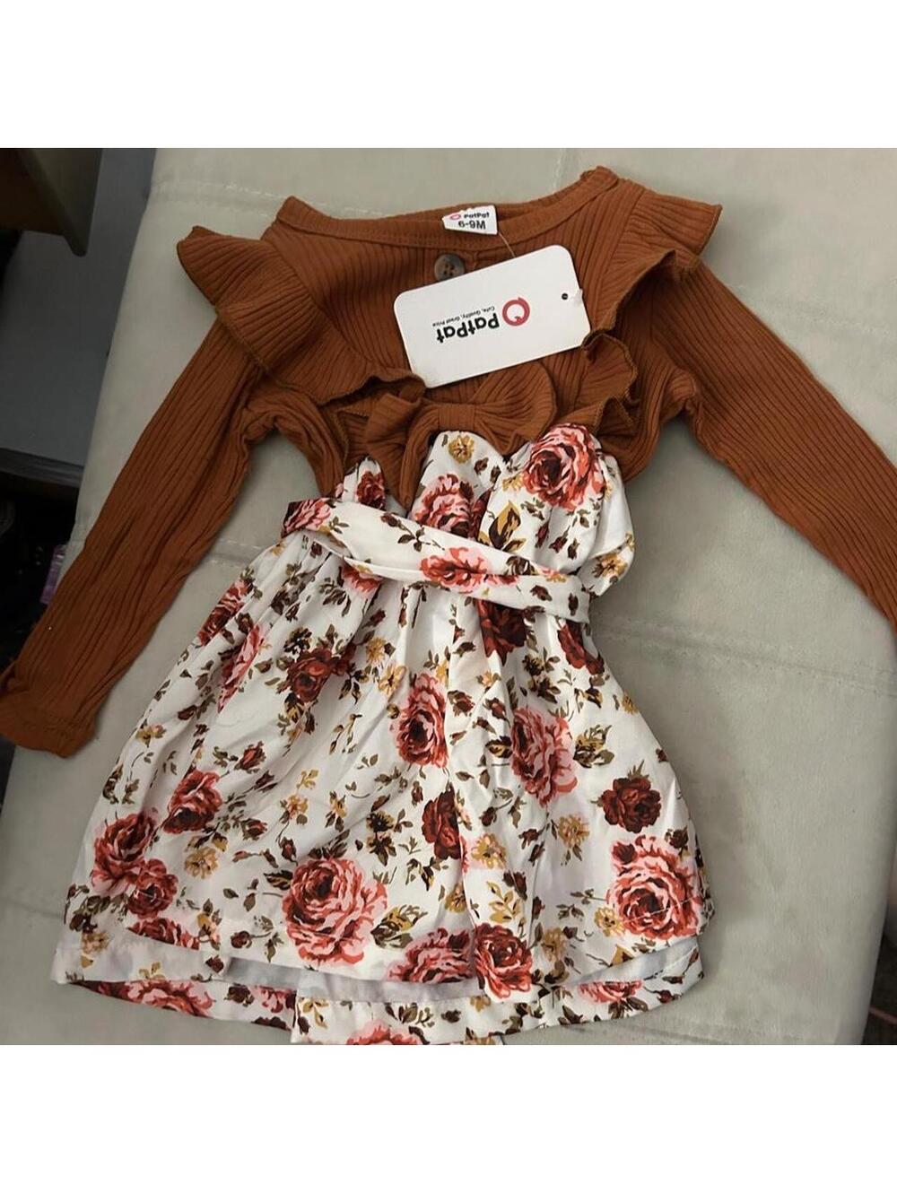 NWT Patpat children’s white floral dress with brown and pink roses, size 6-9M